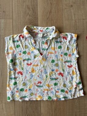 Joie Linen cap Sleeve Collared Top in White Multicolor whimsy Print large boxy